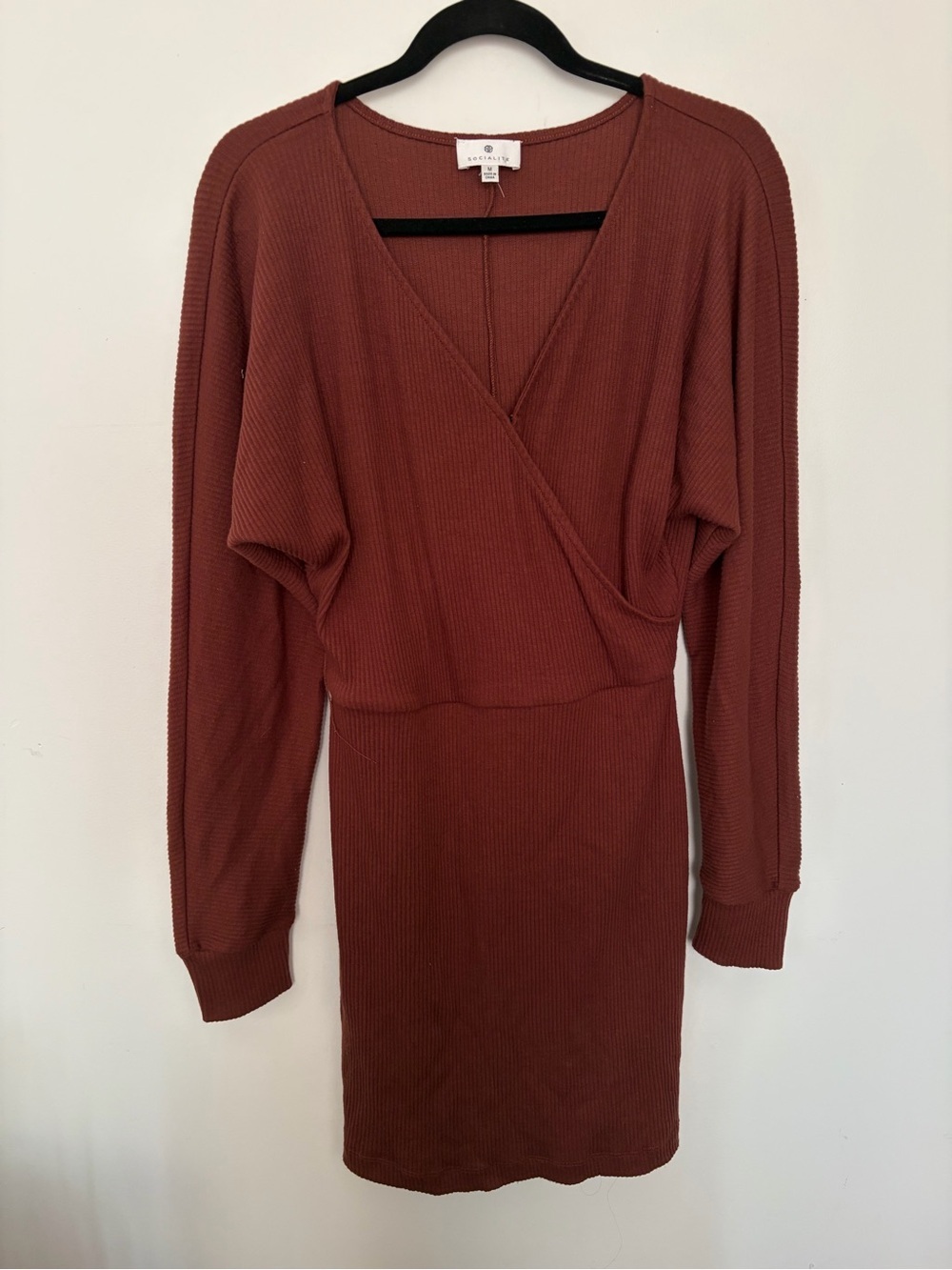 Socialite Ribbed Wrap-Front Dress in Rust